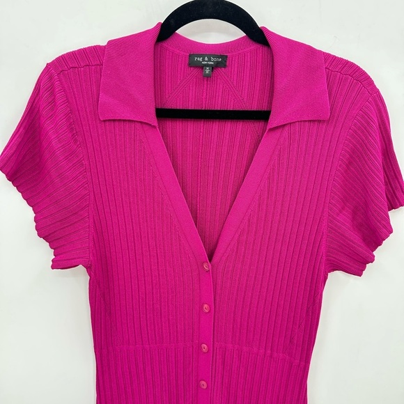 RAG & BONE ESME Woman pink ribbed stretch button collared polo midi shirtdress M - Picture 3 of 12